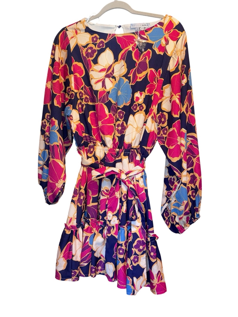 Baltic Born Navy Multi Floral Belted Mini Dress long sleeve balloon boho medium